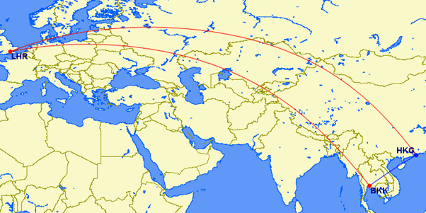 open jaw flight from London to Hong Kong and Bangkok back to london