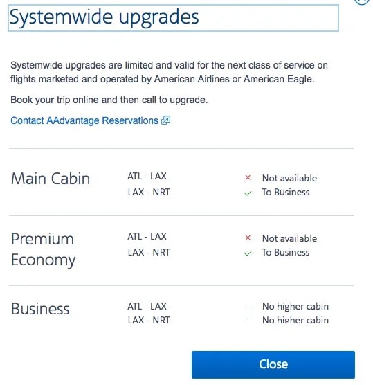 AA website showing systemwide upgrade availability